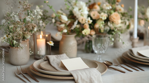 A wedding table setting with a rustic, natural color scheme and simple yet elegant decor
