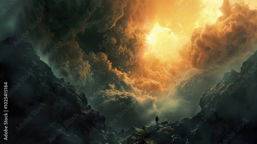 Dramatic Mountain Landscape with Golden Clouds and a Silhouette of a Person Dramatic Mountain Landscape with Golden Clouds and a Silhouette of a Person
