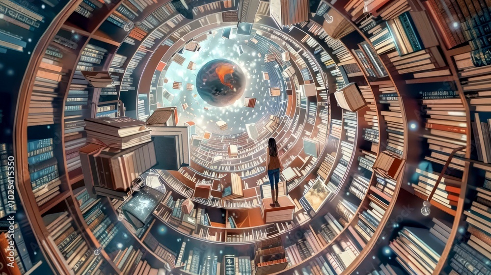 Obraz premium A surreal library spiraling into space, symbolizing knowledge and exploration.