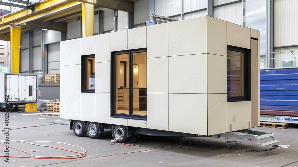 White Modular Tiny Home on Trailer in Industrial Setting