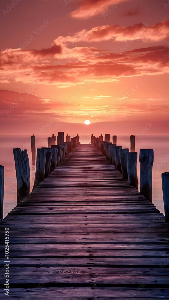 Fototapeta premium Carrasqueira old wooden pier at sunset, Soain
