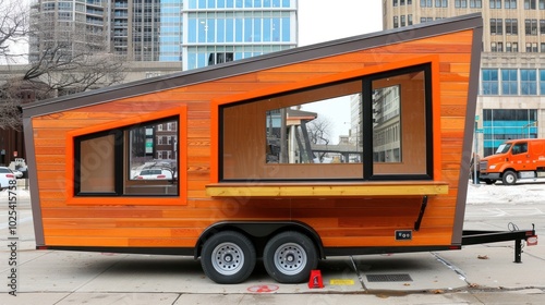 A Wooden Trailer With Orange Accents Parked In Front Of Tall Buildings