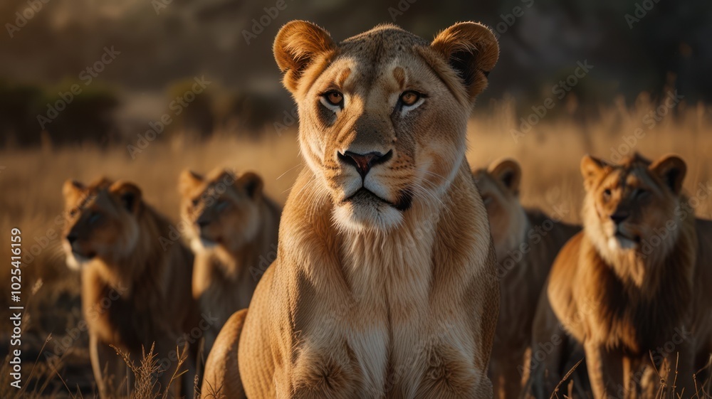 A pride of lionesses, the dominant female in the foreground, stares directly at the viewer. A pride of lionesses, the dominant female in the foreground, stares directly at the viewer.
