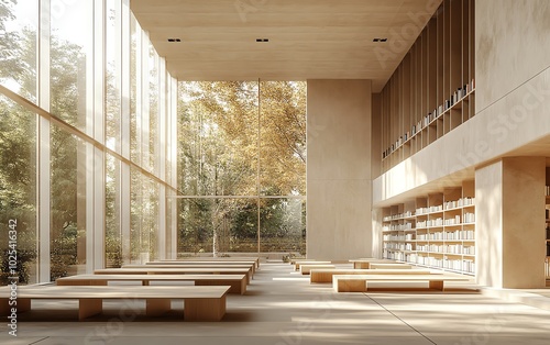 Minimalist public library with neutral color tones, blank wall space for community events or art, long study tables, and large ceilingtofloor windows, 3D rendering photo