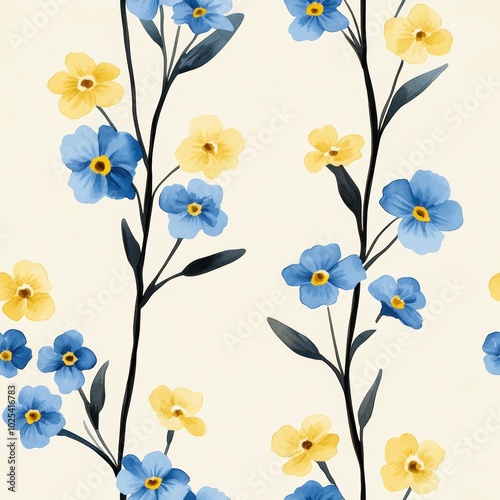 Soft Blue and Yellow Floral Watercolor Design Seamless Pattern