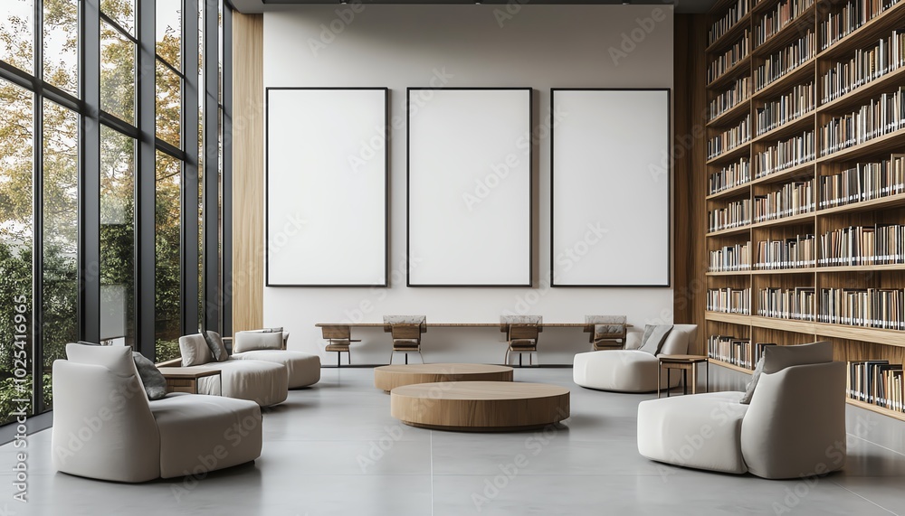 Modern public library interior with minimalist design, blank white wall template for art display, wooden bookshelves, and sleek furniture, 3D rendering Modern public library interior with minimalist design, blank white wall template for art display, wooden bookshelves, and sleek furniture, 3D rendering