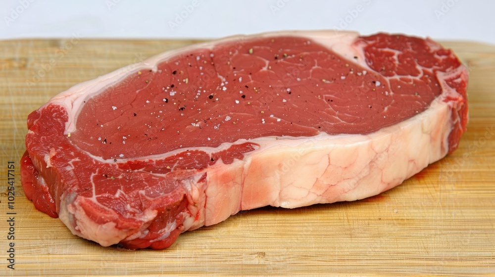 Raw Beef Steak Seasoned with Salt and Pepper on a Wooden Cutting Board Raw Beef Steak Seasoned with Salt and Pepper on a Wooden Cutting Board