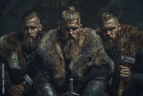 Dramatic Pose of Three Viking Warriors in Fur Cloaks