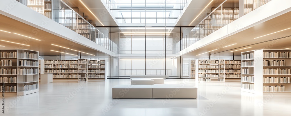 Fototapeta premium Public library with sleek modern aesthetics, blank walls ready for decoration, modular seating arrangements, and glass partitions, 3D rendering