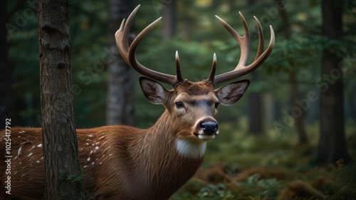 A majestic buck with large antlers stands in a forest, looking directly at the camera.