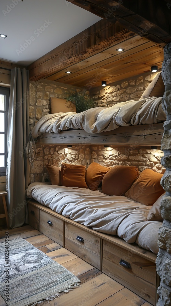 Rustic Cabin Bedroom with Bunk Bed and Stone Walls Rustic Cabin Bedroom with Bunk Bed and Stone Walls