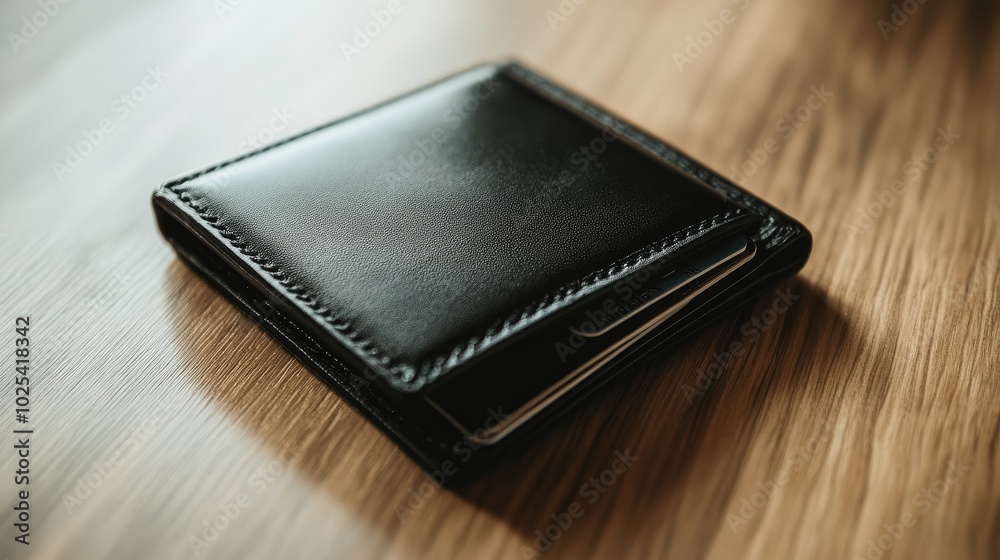 Sleek Black Wallet on Wooden Surface Sleek Black Wallet on Wooden Surface