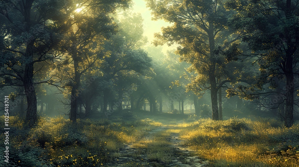 Enchanted Forest Path: Sunbeams Through Mist Enchanted Forest Path: Sunbeams Through Mist