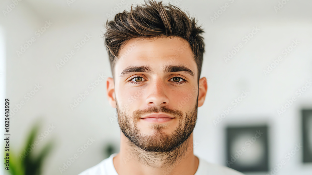 A close-up portrait of a young man with stylish hair and a confident expression, set against a bright and minimalistic background. A close-up portrait of a young man with stylish hair and a confident expression, set against a bright and minimalistic background.
