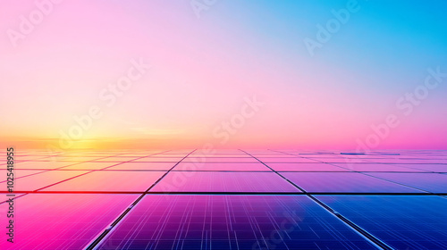 Solar panels at sunset with vibrant pink and blue skies.