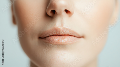 Close-up of a woman's face, highlighting smooth skin and lips. Soft lighting emphasizes natural beauty and minimal makeup for a fresh look.