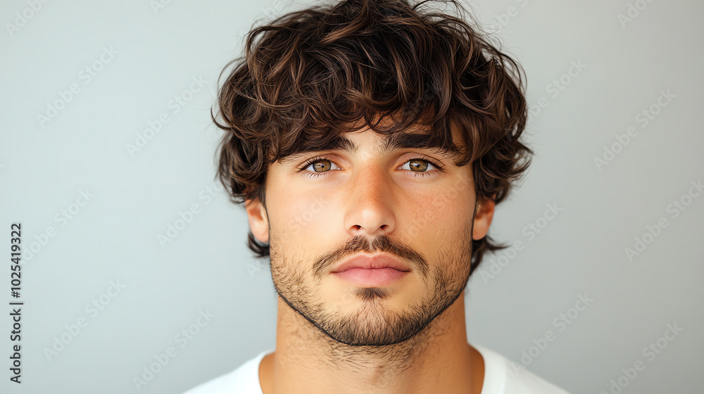 Fototapeta premium Close-up portrait of a young man with curly hair, showcasing a neutral expression against a soft gradient background.