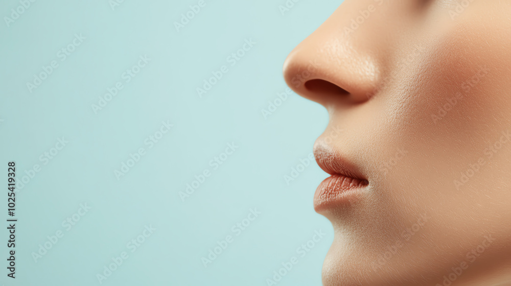 Close-up profile of a woman's face with smooth skin and soft makeup against a light blue background, highlighting features and elegance. Close-up profile of a woman's face with smooth skin and soft makeup against a light blue background, highlighting features and elegance.