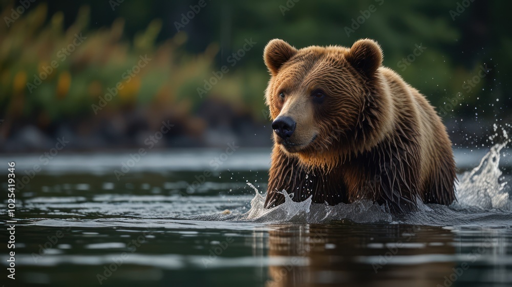 A brown bear walks through a shallow body of water, with splashes behind it, against a blurred background of green trees. A brown bear walks through a shallow body of water, with splashes behind it, against a blurred background of green trees.