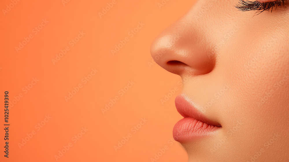 Close-up view of a woman's profile showcasing her smooth skin, delicate features, and vibrant lip color against a warm orange background. Close-up view of a woman's profile showcasing her smooth skin, delicate features, and vibrant lip color against a warm orange background.