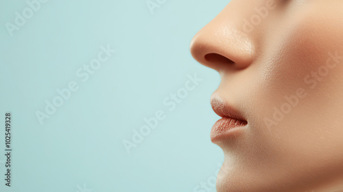 Close-up profile of a woman's face with smooth skin and soft makeup against a light blue background, highlighting features and elegance.