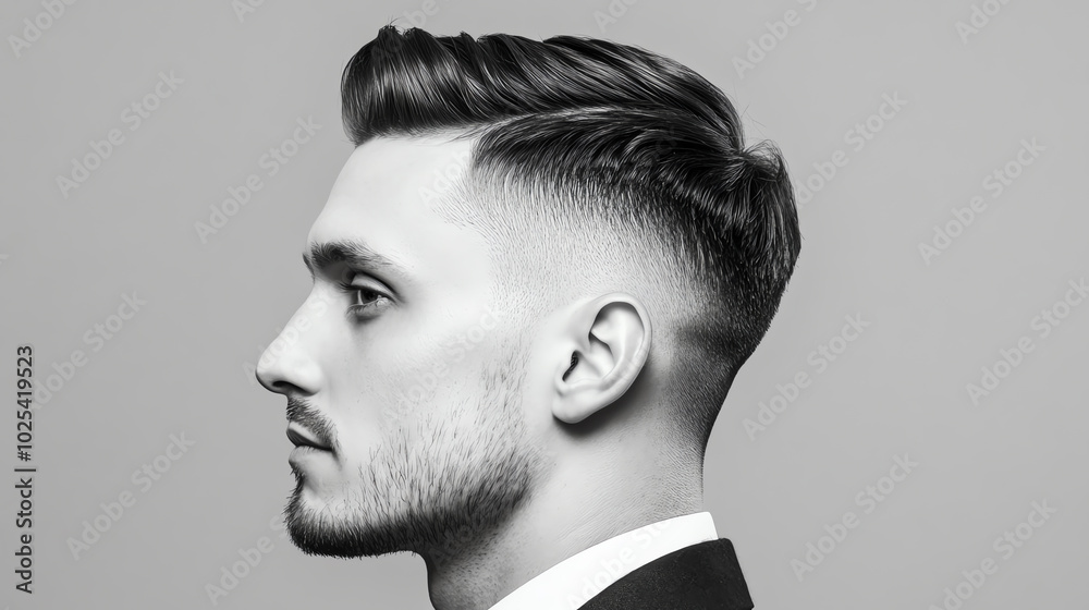 Profile portrait of a stylish man with a modern haircut, wearing a suit, captured in black and white against a neutral background.