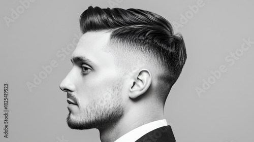 Obraz na płótnie Profile portrait of a stylish man with a modern haircut, wearing a suit, captured in black and white against a neutral background. w salonie