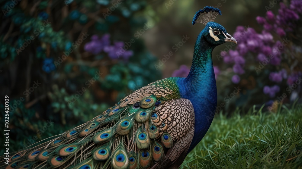 custom made wallpaper toronto digitalA peacock with vibrant blue and green plumage stands proudly in a lush garden setting with purple flowers and green foliage.