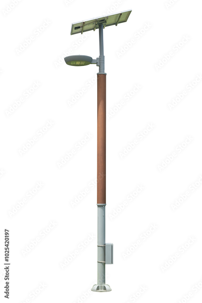 LED Street light poles with solar panels electrical power supplies are isolated on white background LED Street light poles with solar panels electrical power supplies are isolated on white background