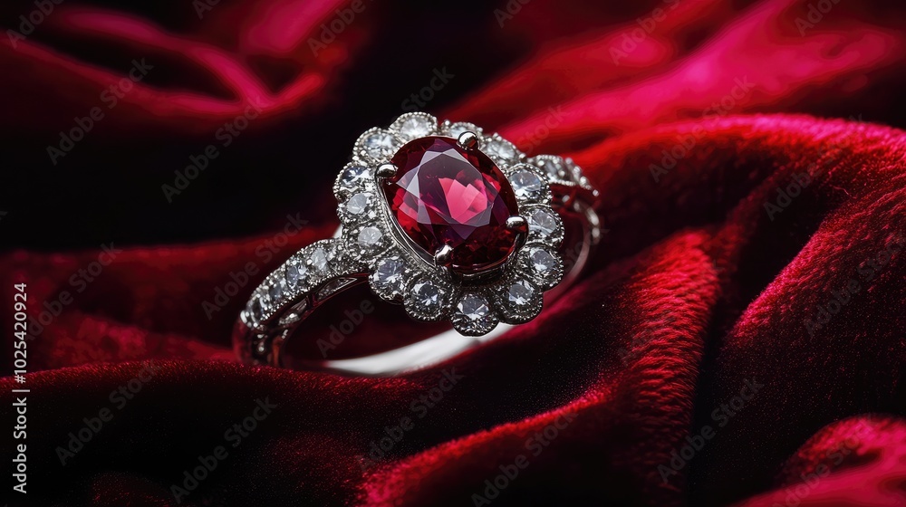 Elegant Ruby Ring on Rich Fabric Background Elegant Ruby Ring on Rich Fabric Background
