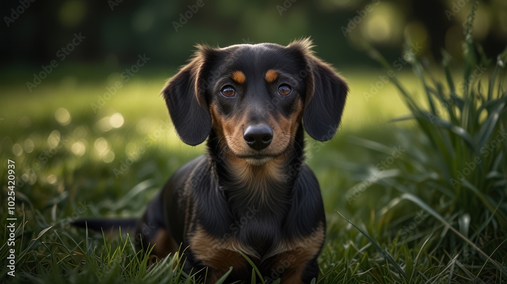 A black and tan dachshund dog sits in green grass, looking directly at the camera. A black and tan dachshund dog sits in green grass, looking directly at the camera.