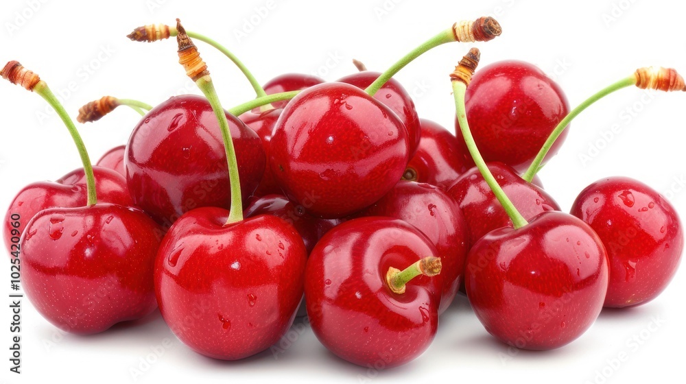 A Pile of Fresh, Red Cherries with Green Stems A Pile of Fresh, Red Cherries with Green Stems