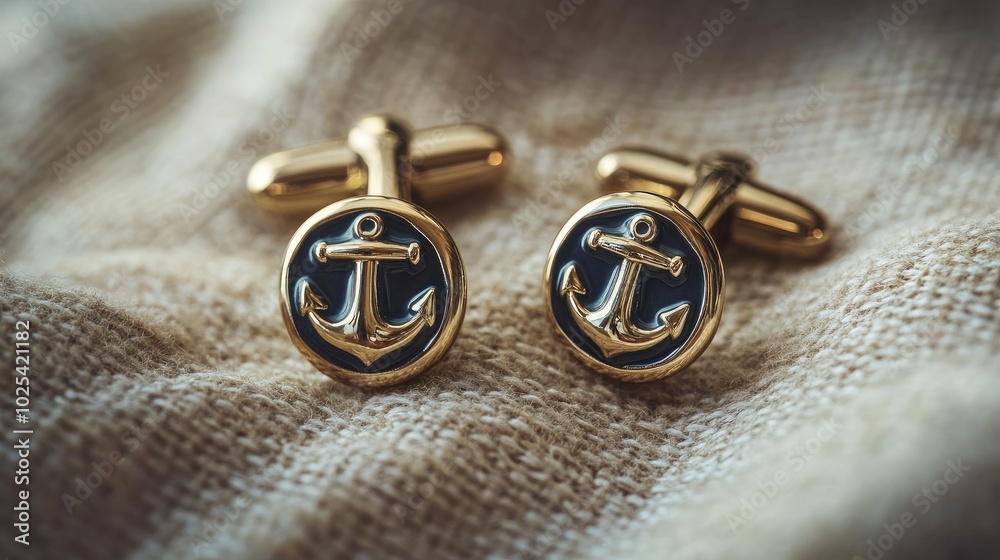 Elegant Gold Anchor Cufflinks on Fabric Surface Elegant Gold Anchor Cufflinks on Fabric Surface