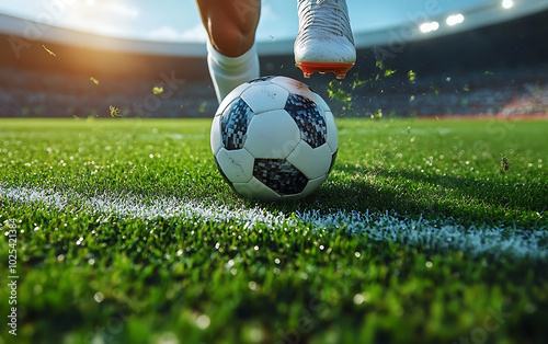 Goal Moment: Football Boot Kicks Soccer Ball in Stadium Action