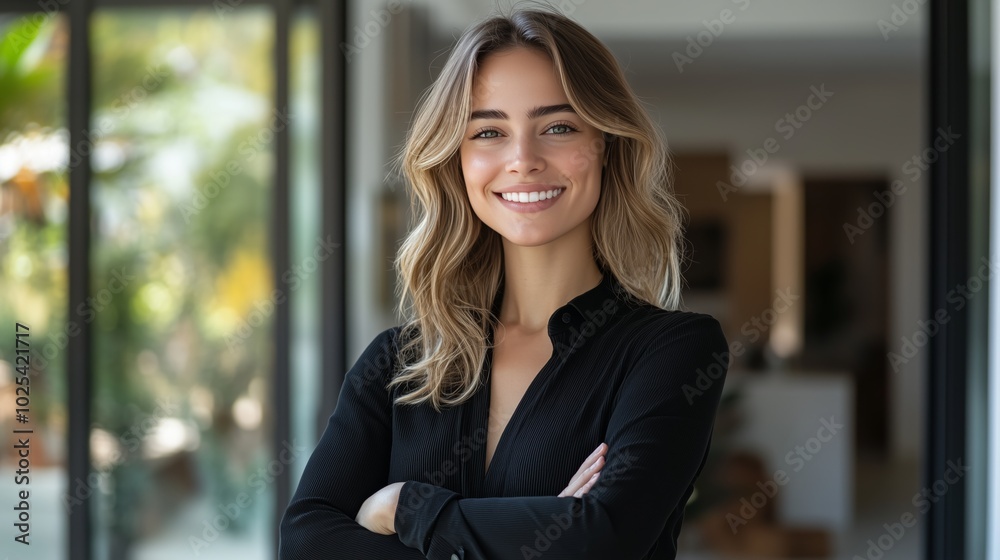 Portrait of a beautiful smiling female real estate agent standing in front of her modern house with arms crossed Portrait of a beautiful smiling female real estate agent standing in front of her modern house with arms crossed