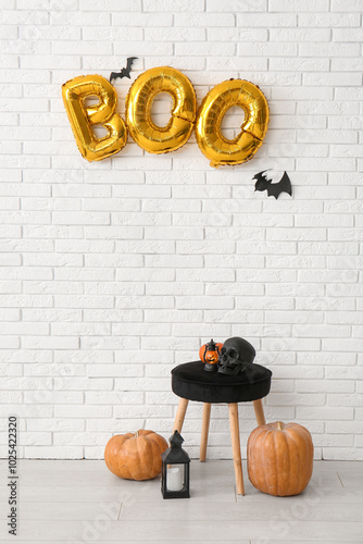 Stool, pumpkins and text HA...
