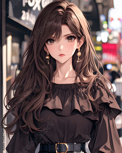 Anime Girl with Long Brown Hair and Black Dress