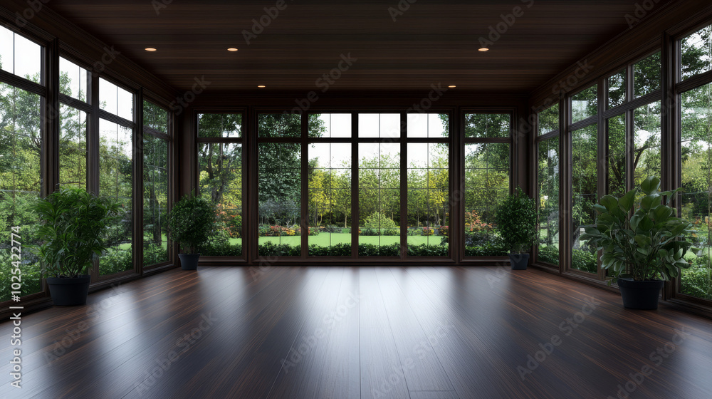 A spacious sunroom with large windows offering a view of lush greenery. A spacious sunroom with large windows offering a view of lush greenery.