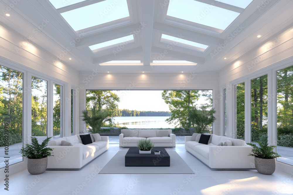 Fototapeta premium Modern living room with floor-to-ceiling windows overlooking a lake.