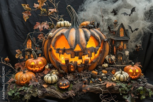 A vibrant Halloween scene featuring a spooky carved pumpkin surrounded by autumn decor and eerie elements for festive atmosphere. photo