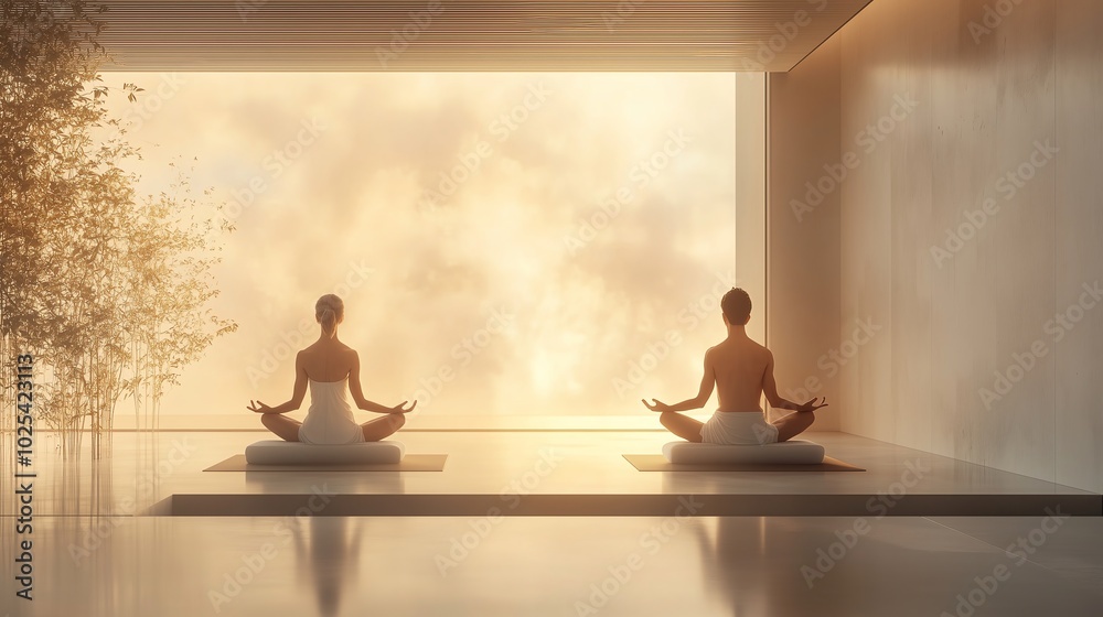 Seated Back-to-Back Breathing Synchronization in a Calm Yoga Studio, Minimal Decor and Soft Tones Creating a Sense of Unity. Seated Back-to-Back Breathing Synchronization in a Calm Yoga Studio, Minimal Decor and Soft Tones Creating a Sense of Unity.