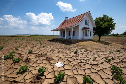 Lonely farmhouse in the middle of a vast, empty field, emphasizing the isolation and openness of rural land use photo