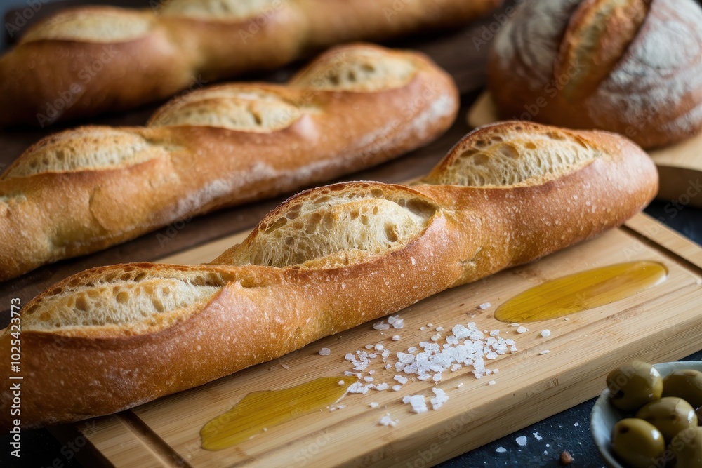 A long loaf of bread with a drizzle of honey and salt on a wooden cutting board A long loaf of bread with a drizzle of honey and salt on a wooden cutting board