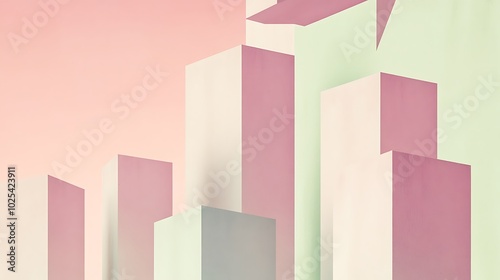 Abstract geometric background with pink, white, and green shapes.