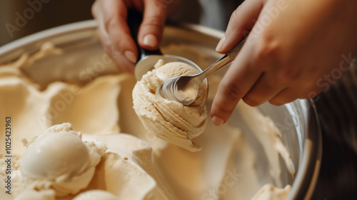 Hand Scooping Creamy Vanilla Ice Cream