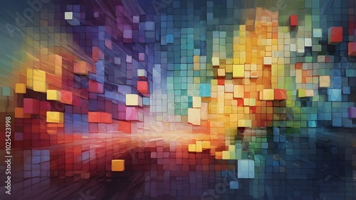 abstract artwork featuring a vibrant and colorful background composed of digital pixel blocks