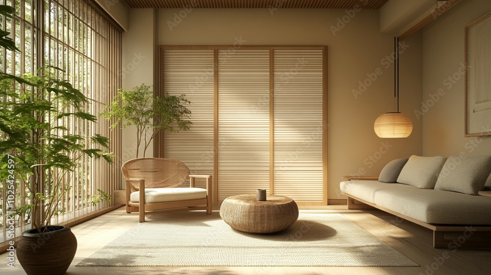 Fototapeta premium Minimalist Japandi living room featuring a Japanese-style window, blending simplicity and elegance in design.