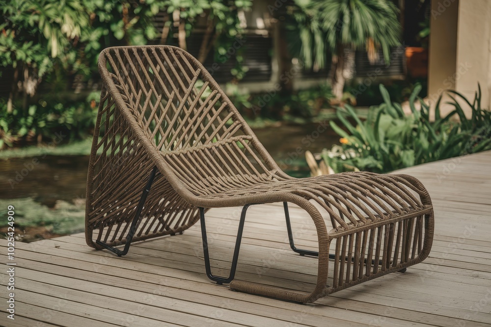 A brown wicker chair with a black frame sits on a wooden deck A brown wicker chair with a black frame sits on a wooden deck