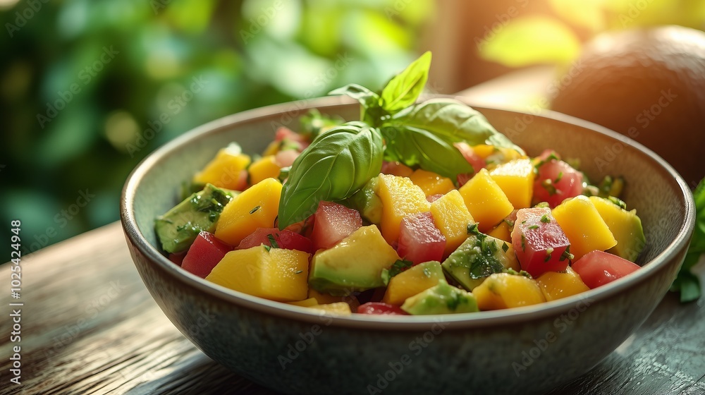 A vibrant bowl of mango and avocado salad, garnished with fresh basil leaves, sits on an outdoor table under the warm summer sun A vibrant bowl of mango and avocado salad, garnished with fresh basil leaves, sits on an outdoor table under the warm summer sun