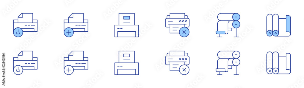 Printer icon set in two styles, Duotone and Thin Line style. Editable stroke. power, add, printing, cross, paperroll Printer icon set in two styles, Duotone and Thin Line style. Editable stroke. power, add, printing, cross, paperroll